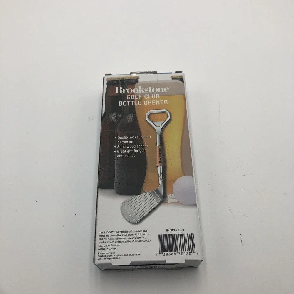 Brookstone Golf Club Bottle Opener Beer Soda New W Box Nickel Plated Wood Accent